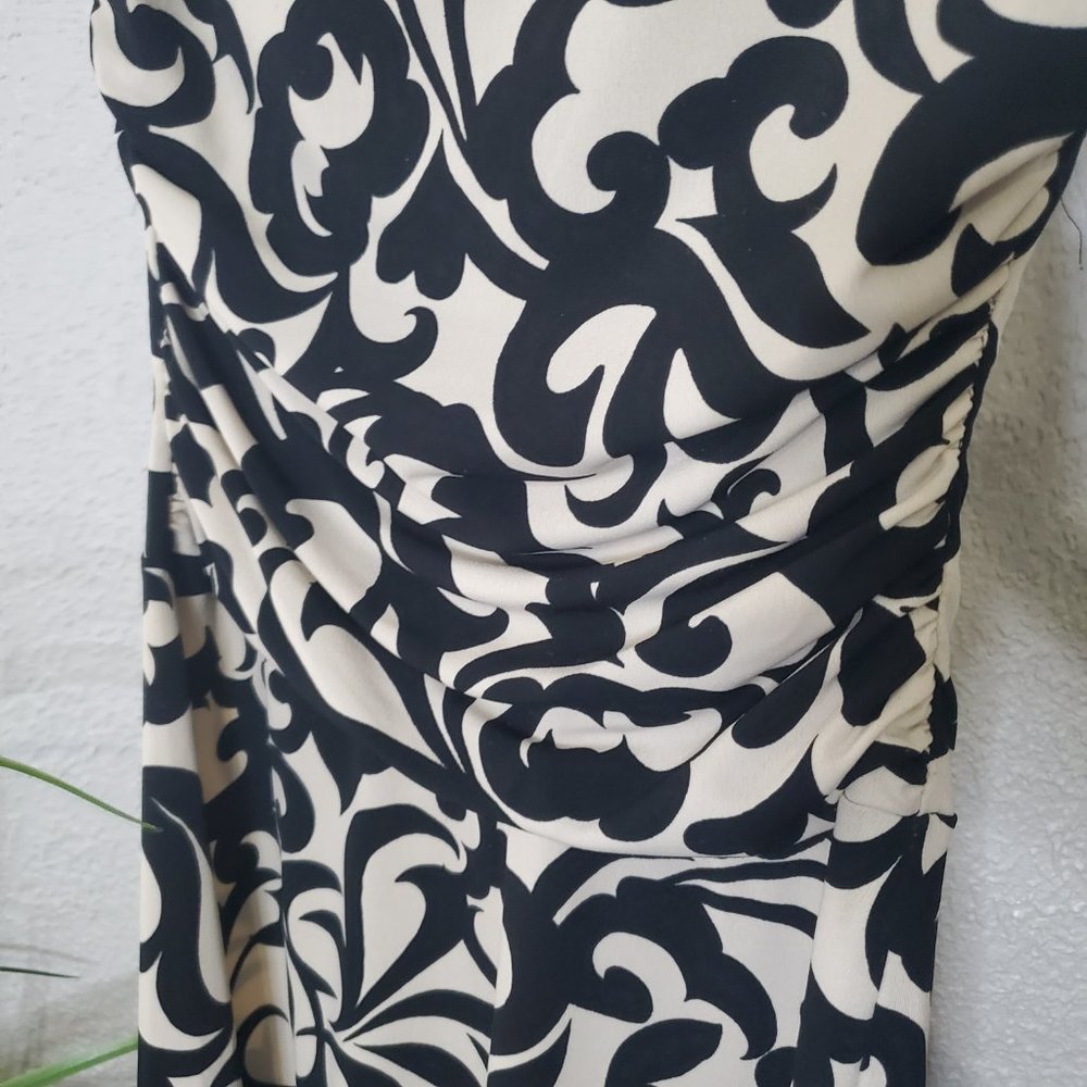 Enfocus Studio I Cream/Black Vine Patterned A-Line Scoop Neck Ruched Dre… - Picture 8 of 14